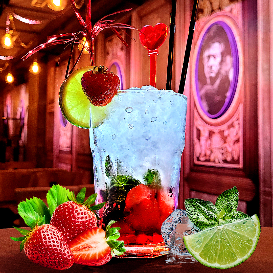 Mojito Fraise - Fraise, Feuilles de Menthe, Sucre de Canne, Morceaux de Citron, Glace Pilée, Sprite