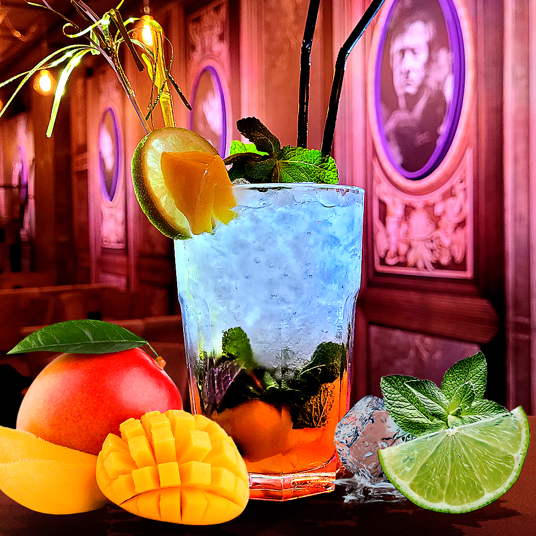 Mojito Mangue - Morceaux de Mangue, Citron, Jus d’Orange, Sucre de Canne, Glace Pilée